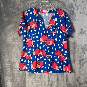 Floral V-Neck Women’s Top - Blue and Pink